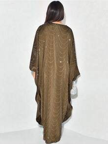 Áo choàng Abaya/Cardigan dáng rộng đính đá lấp lánh thời trang Trung Đông mới nhất mùa Xuân/Hè 2025 dành cho nữ - Lạc đà - Xem 4