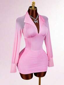 Vestido mini ajustado con cuello en V blanco, cintura ceñida, para mujer, estilo romántico de primavera - Rosa - Ver 1