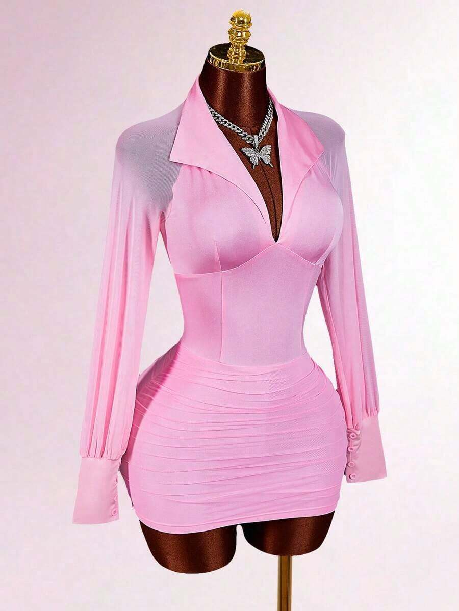 Vestido mini ajustado con cuello en V blanco, cintura ceñida, para mujer, estilo romántico de primavera - Rosa - Ver 1