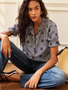 Blusa ajustada de manga corta con bordado de encaje hueco y estilo joven y elegante para mujer - Azul marino - Ver 7
