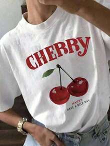 Camisa casual de mujer con estampado de cerezas y diseño de frutas, corte holgado, cuello redondo, manga corta, para primavera y verano, suelta y cómoda - Blanco - Ver 4