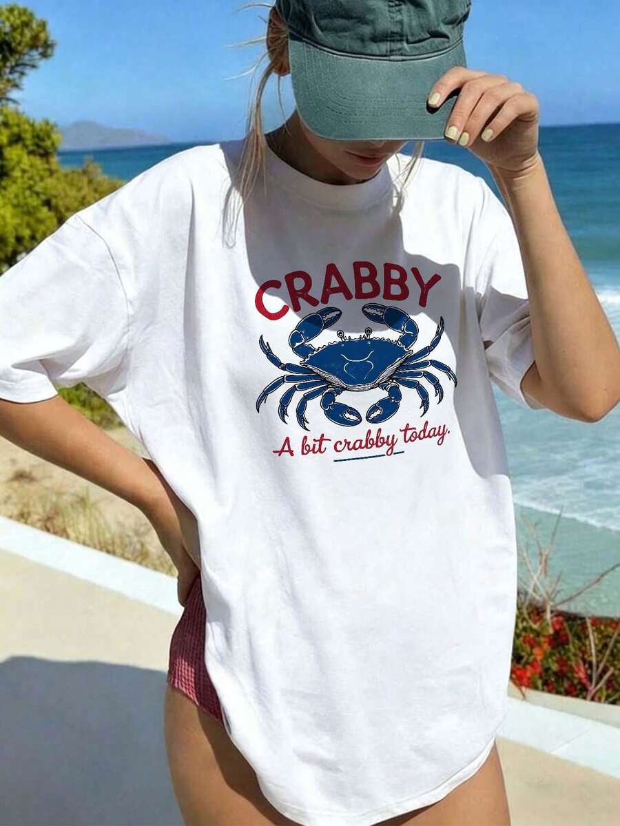 Women's Loose Fit White T-Shirt With "Crabby A Bit Crabby Today" Crab Print, Short Sleeve Crew Neck, Casual Beach Top, Comfortable Clothing For Summer Vacation And Everyday Wear, Fun Relaxed Style - 白色 - 查看 1