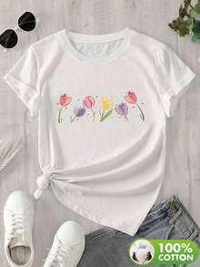 Camiseta Casual Básica 100% de manga corta con un estampado colorido de tulipanes, que presenta un estilo fresco y natural. Esta camiseta casual con diseño floral - Blanco - Ver 3