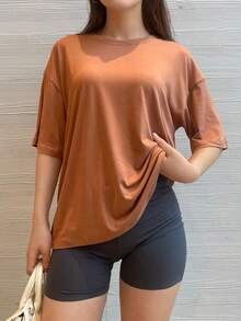 Camiseta de manga corta oversize, negro sólido, ajuste holgado casual para deportes blancos de verano - Marrón - Ver 3