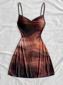 Vestido de tirantes con cuello drapeado y degradado de color para vacaciones de verano en la playa, atuendos de club, vestido sexy marrón otoñal de color café oscuro para mujeres - Multicolor 2 - Ver 5