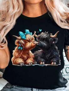 1 Piece Adorable Highland Cow Print T-Shirt - Romantic Matching Design For Couples, Perfect Gift For Highland Cattle Lovers And Anniversary Celebrations, Casual Summer Style, Soft Fabric, Crew Neck, Casual Summer Wear | Matching Couple T-Shirt | Soft 180g 100% Soft Cotton - 黑色 - 查看 12