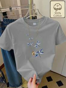 Camiseta manga corta cuello redondo 100% algodón, estampado trendy, tejido ligero y ventilado, estilo moda casual, apta para vida diaria, salidas informales y citas en primavera, verano y otoño - Blanco marfil - Ver 7
