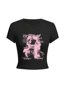 Playera ombliguera ajustada para mujer cuello redondo manga corta, estampado de retrato y letras estilo chica trendy americana, diseño versátil súper de moda para verano, look juvenil atractivo ideal para uso diario, salidas casuales y combinar con todo tu ropa MQZO - Negro - Ver 3