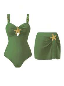Swim Oasis 1 pieza Traje de baño de una sola pieza casual de vacaciones con decoración de pentágono lindo para mujer - Verde militar - Ver 5