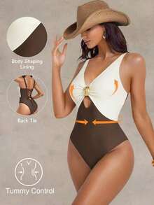Shapewave 1 pieza Traje de baño de una sola pieza con control de abdomen, cintura con hebilla de metal y espalda descubierta, en color beige y marrón, adecuado para la playa y el resort - Marrón - Ver 8