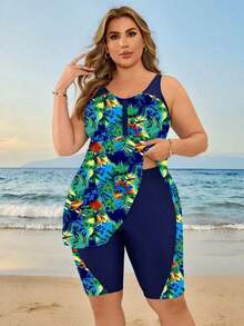 Swim Lushoire Conjunto de tankini de mujer talla grande con estampado de teñido anudado azul y blanco para playa y vacaciones - Multicolor - Ver 3