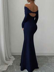 Vestido largo de punto acanalado con manga larga, cintura ceñida, hombros descubiertos, espalda descubierta, doblez de cola de pez, elegante y sexy, color blanco, para otoño/invierno, atuendo de mujer maxi - Azul marino - Ver 2