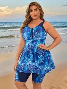 Swim Lushoire Conjunto de tankini de mujer talla grande con estampado de teñido anudado azul y blanco para playa y vacaciones - Azul y blanco - Ver 4