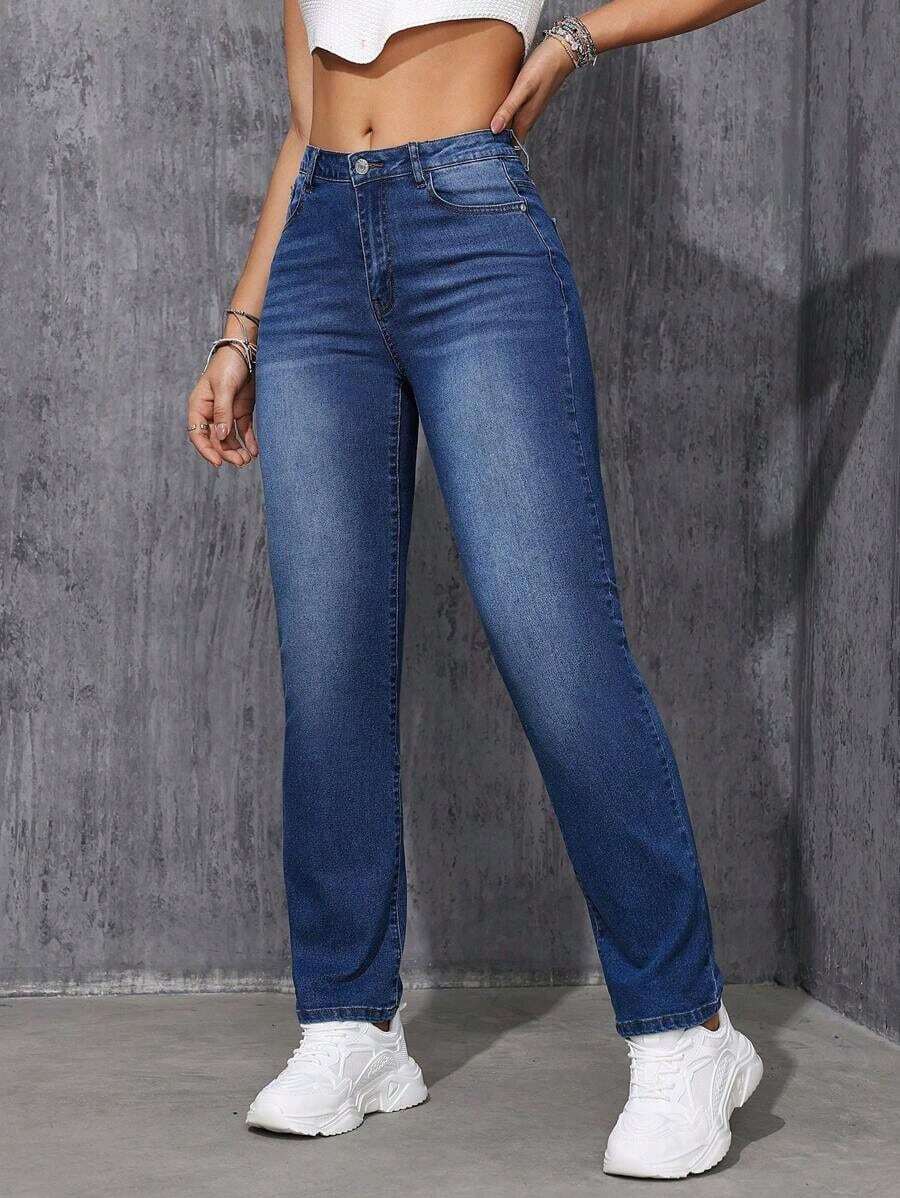Jeans de Pierna Recta de Color Sólido  ICON - Azul lavado oscuro 2 - Ver 1