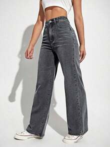 Jeans de mezclilla casuales de unicolor para mujer - Gris Oscuro - Ver 4