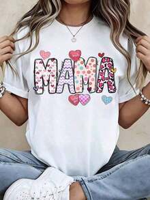 short-sleeve1 pieza Camiseta Mama para Mujer con Bonito Estampado de Corazón, Camiseta Gráfica, Regalo para el Día de la Madre, Top Casual de Moda para Mamá, Blanco, 210g, 100% Algodón, los estampados están completamente impresos. Unisexo. Blusas Para Mujer Casual100% Cotton - Blanco - Ver 5