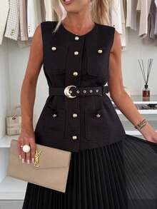 Conjunto Dos Piezas Elegante Sin Mangas  Tul Plisado Moda Europea Primavera Verano - Negro - Ver 4