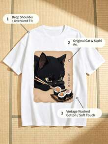 Women's Clothing, Fun Japanese Style With Black Cat Eating Sushi Print, Korean Version, Comfortable And Versatile Retro Fashion For Daily Travel, Y2k Women's Clothing. Short-Sleeved, Round-Neck, Fitted, Black, Niche Punk Style, From The Washed Retro Series, Comfortable, Made Of Pure Cotton, Which Allows You To Easily Create Retro Casual Clothes, Suitable For Daily Commute, Casual Outings, Daily Use, Classic Retro Clothing For Women. - 白色 - 查看 3