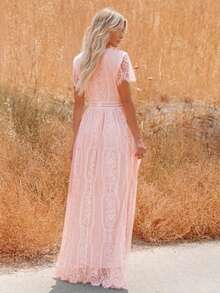 Vestido largo de gasa escote profundo elegante para otoño invierno - Rosa - Ver 6