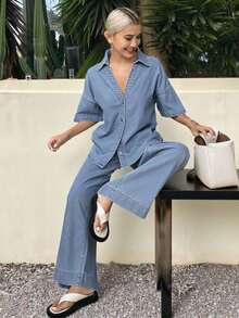 Conjunto de chaqueta de mezclilla de manga corta con botones delanteros y jeans de verano para mujer - Azul - Ver 3