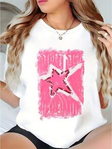 Camiseta manga corta cuello redondo 100% algodón, estampado trendy, tejido ligero y ventilado, estilo moda casual, apta para vida diaria, salidas informales y citas en primavera, verano y otoño - Blanco - Ver 7