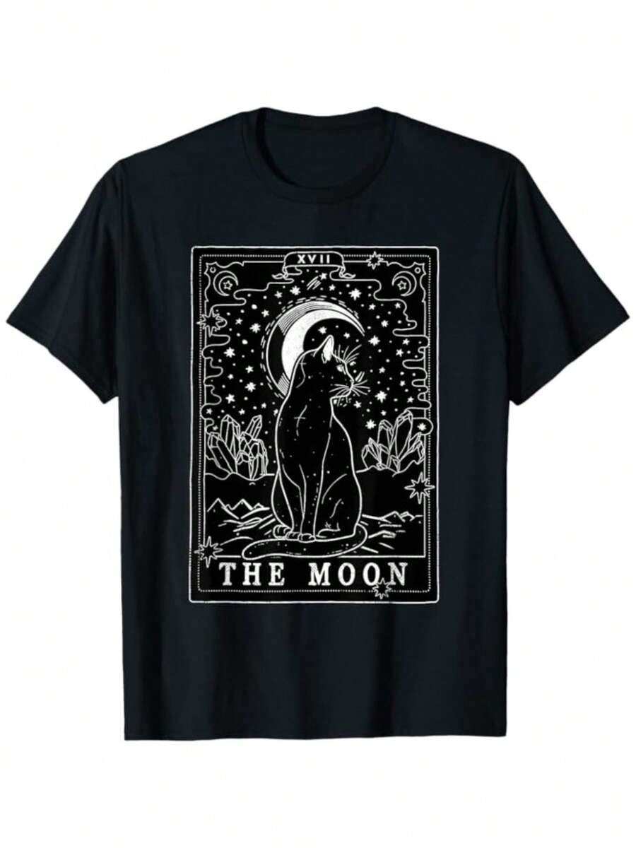 Moon Design Card For Cat Lovers | Cat Moon T-Shirt For Men And Women, A Christmas, Thanksgiving, New Year's Or Birthday Gift For Mom, Dad, Men, Women And Friends. Unisex, Black, Soft Fabric, 100%. - 黑色 - 查看 1
