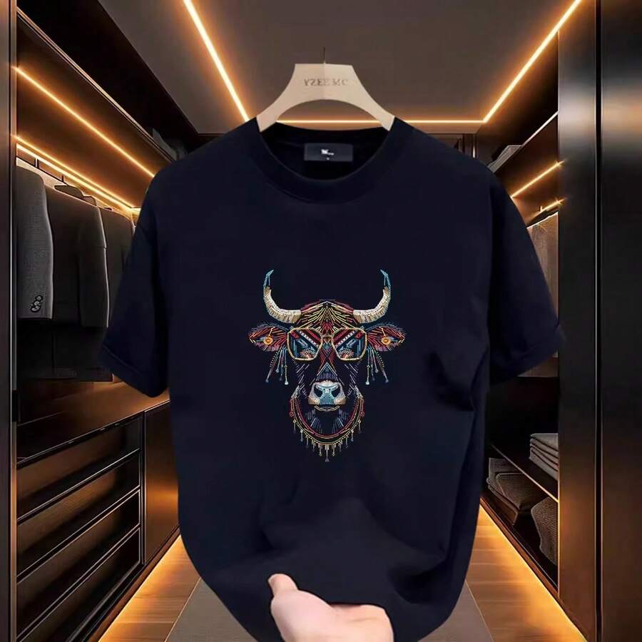 [High-Quality Men's Clothing] Pure Cotton Short-Sleeve T-Shirt, Versatile, Loose Fit, Minimalist Print, Creative Design, Fashion Brand 1JPE - 純棉200克-黑眼睛牛 - 查看 1