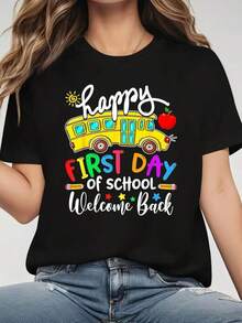 A Classic And Versatile Piece: A Pure Cotton Short-Sleeved T-Shirt With A School-Themed Print, Perfect For Back-To-School Season And Ideal For Year-Round Wear. Modern Style. - 黑色 - 查看 1