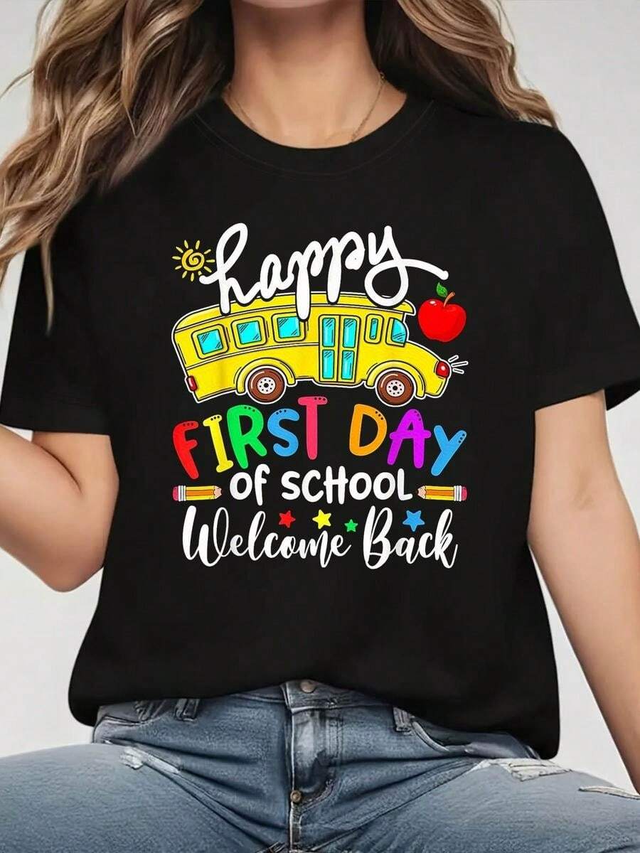 A Classic And Versatile Piece: A Pure Cotton Short-Sleeved T-Shirt With A School-Themed Print, Perfect For Back-To-School Season And Ideal For Year-Round Wear. Modern Style. - 黑色 - 查看 1