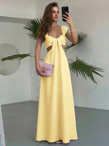 Falda larga elegante de estilo bohemio para mujer, color albaricoque, cuello ancho, diseño acampanado - Amarillo claro - Ver 3
