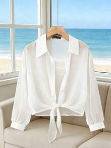 de manga larga con cuello vuelto y lazo delantero, nueva blusa blanca de verano para mujer - Blanco - Ver 5