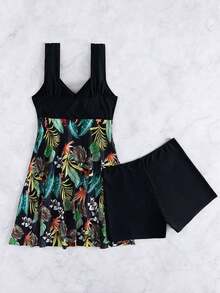 Swim Lushoire Conjunto de tankini de estampado tropical aleatorio con top de tirantes anudados tipo top largo y pantalones cortos tipo boxer, un conjunto de 2 piezas de traje de baño de verano - Multicolor - Ver 6
