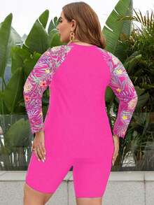 Swim Lushoire Conjunto de bikini sin mangas y con talla grande con estampado aleatorio - Rosa Fucsia - Ver 2