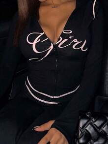 Conjunto de sudadera con capucha de manga larga y pantalón de chándal para mujer, diseño con cremallera, estampado de la palabra "Girl", cómodo, adecuado para viajes y actividades al aire libre, conjunto casual de otoño en color negro - Negro - Ver 3