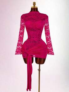 Blusa de encaje para mujer con vestido mini ajustado de tul rojo vintage con cordón en el bajo, estilo bohemio para fiesta - Rosa Fucsia - Ver 3