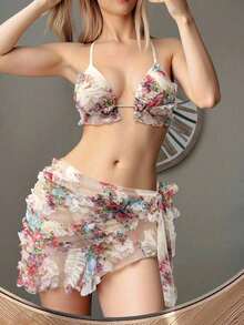Bellisia Conjunto de traje de baño glamuroso de 3 piezas para mujer: top triangular, top con tirantes finos y espalda descubierta, falda acampanada con volantes y lazo al frente, bikini de alta calidad para vacaciones - Multicolor 3 - Ver 4