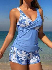 Swim Lushoire Bikini de vacaciones de primavera para mujer con estampado tropical de plantas, short tipo niño relajado y correas de espagueti que incluye traje de baño - Celeste - Ver 5