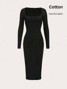 BASICS Vestido ajustado de cuello cuadrado unicolor - Negro - Ver 1
