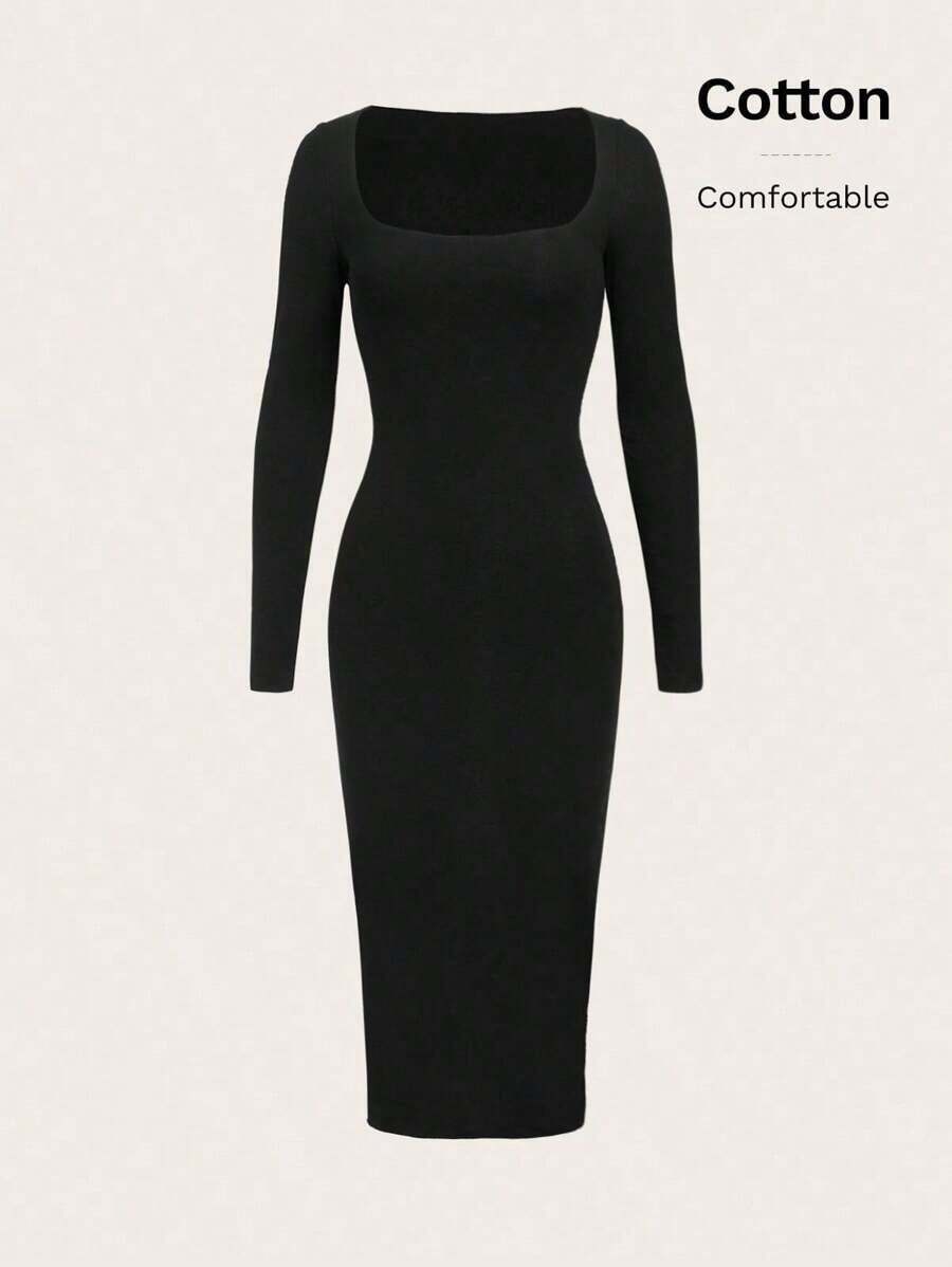 BASICS Vestido ajustado de cuello cuadrado unicolor - Negro - Ver 1