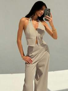Top sin mangas con cuello en V y espalda abierta para mujer de oficina en primavera/verano y pantalones anchos de pierna, conjunto de estilismo adelgazante y alargador para ropa casual - Caqui - Ver 7