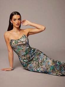 Vestido camisero elegante con pliegues y bordado de lentejuelas - Verde - Ver 7