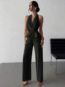Conjunto de dos piezas de top sin mangas con cuello en V asimétrico elegante y romántico, y pantalones rectos holgados de color caqui, adecuado para verano, playa, vacaciones - Negro - Ver 7
