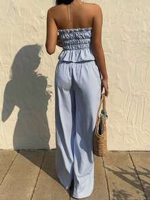 Set de 2 piezas para mujer con top bandeau fruncido con corbata y rayas y pantalones largos - Azul - Ver 2
