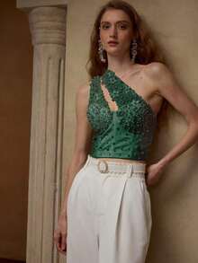 PREMIUM BLUSA DE UN HOMBRO CON CUENTAS DE PERLAS FALSAS - Verde Oscuro - Ver 5