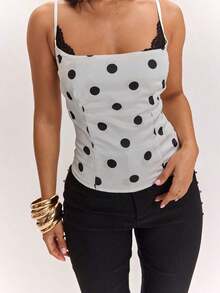 Camiseta de mujer con estampado de lunares y encaje en contraste - Blanco y Negro 2 - Ver 7