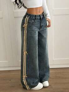PETITE Jeans de pierna ancha de cintura baja con bloque de color lavado, decoración de lazo para mujer, jeans de mezclilla de lavado oscuro de invierno, vintage, streetwear, para fiesta de Año Nuevo - Azul lavado oscuro - Ver 4