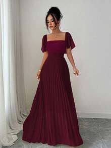 Vestido de línea A para mujer de color amarillo crema con cuello cuadrado y cintura ceñida, elegante y romántico - Burdeos - Ver 5