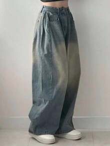 Jeans casuales de bolsillo de ajuste holgado de unicolor para mujer - Azul lavado medio - Ver 5