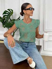 Camisa de mujer con botones y mangas cortas con bordado floral, versátil - Verde - Ver 1
