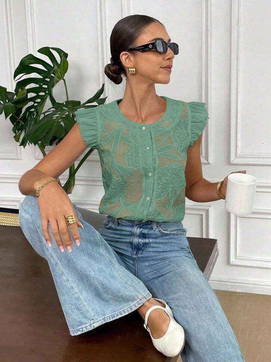 Camisa de mujer con botones y mangas cortas con bordado floral, versátil - Verde - Ver 1